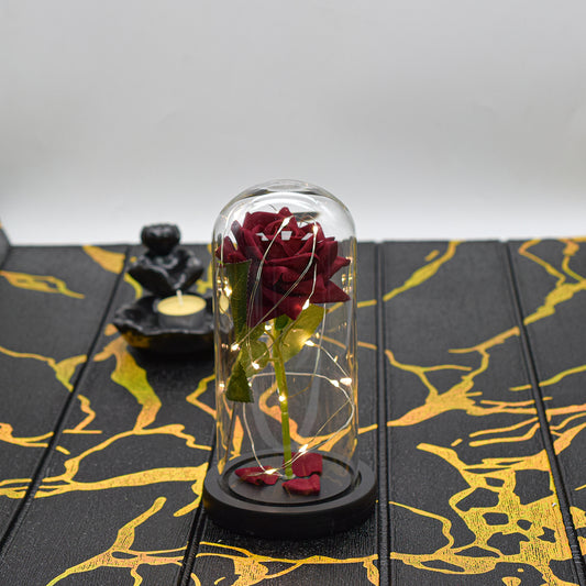 Aranjament floral in cupola de sticla, lumina Led, D4007, Rosu