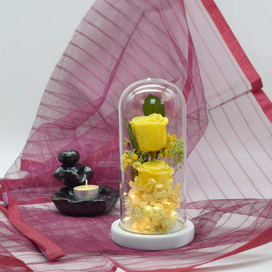 Aranjament floral in cupola de sticla, lumina Led, D4008, Galben