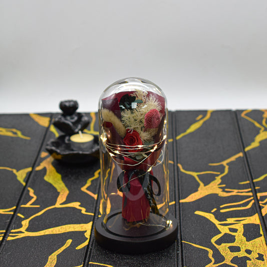 Aranjament floral in cupola de sticla, lumina Led, D4009, Rosu