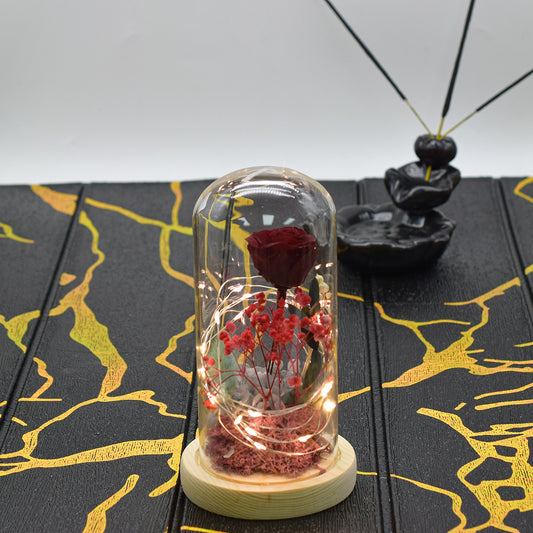 Aranjament floral in cupola de sticla, lumina Led, D4012, Rosu