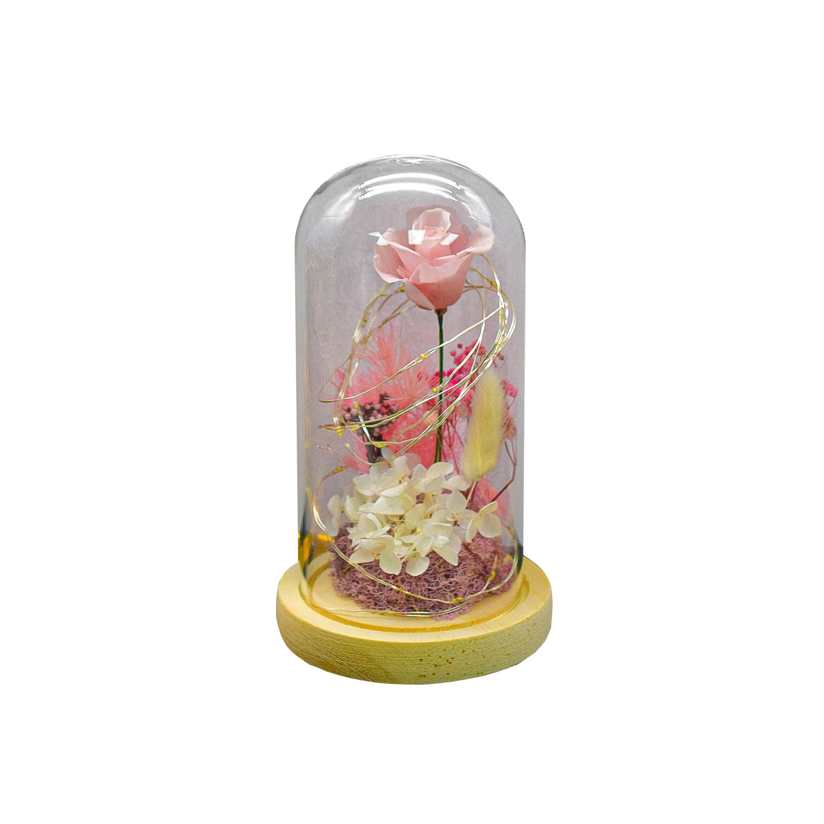 Aranjament floral in cupola de sticla, lumina Led, D4012, Roz