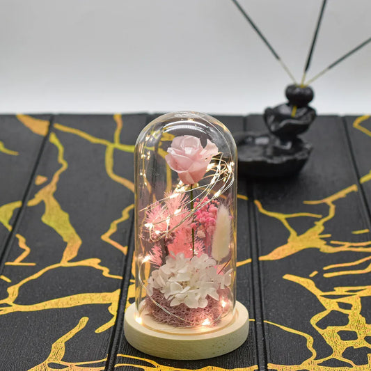 Aranjament floral in cupola de sticla, lumina Led, D4012, Roz - 221.ro