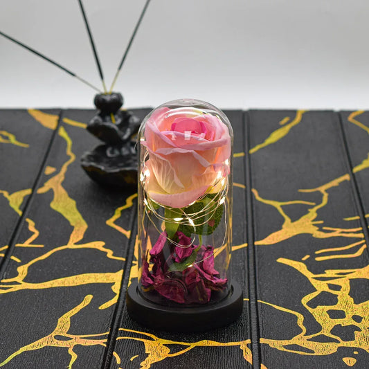 Aranjament floral in cupola de sticla, lumina Led, D4013, Roz - 221.ro