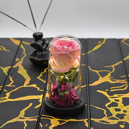 Aranjament floral in cupola de sticla, lumina Led, D4013, Roz - 221.ro