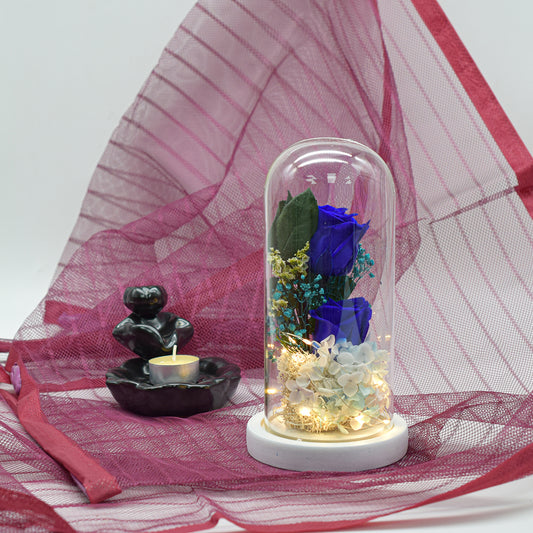 Aranjament floral in cupola de sticla, lumina Led, D4014, Albastru