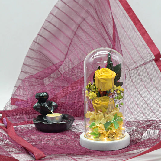 Aranjament floral in cupola de sticla, lumina Led, D4014 , Galben - 221.ro