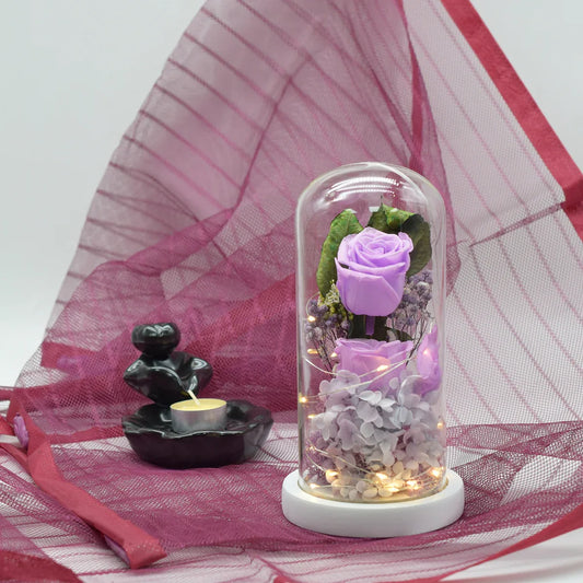 Aranjament floral in cupola de sticla, lumina Led, D4014 , Mov - 221.ro