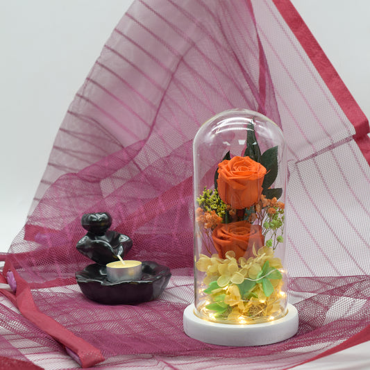 Aranjament floral in cupola de sticla, lumina Led, D4014, Portocaliu