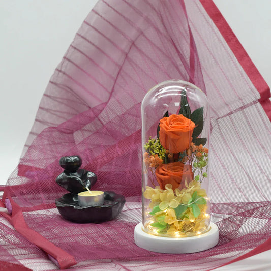 Aranjament floral in cupola de sticla, lumina Led, D4014, Portocaliu - 221.ro