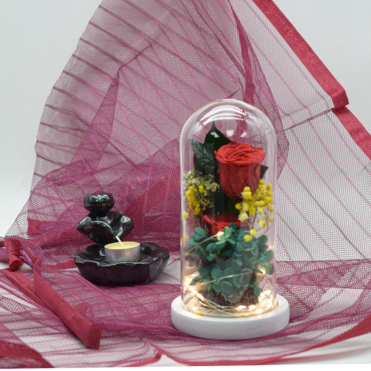 Aranjament floral in cupola de sticla, lumina Led, D4014, Rosu