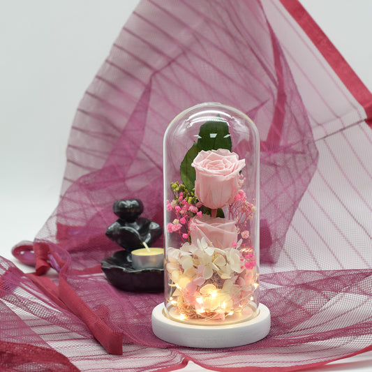 Aranjament floral in cupola de sticla, lumina Led, D4014, Roz