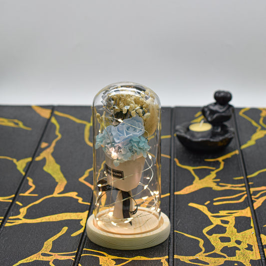 Aranjament floral in cupola de sticla, lumina Led, D4015, Albastru