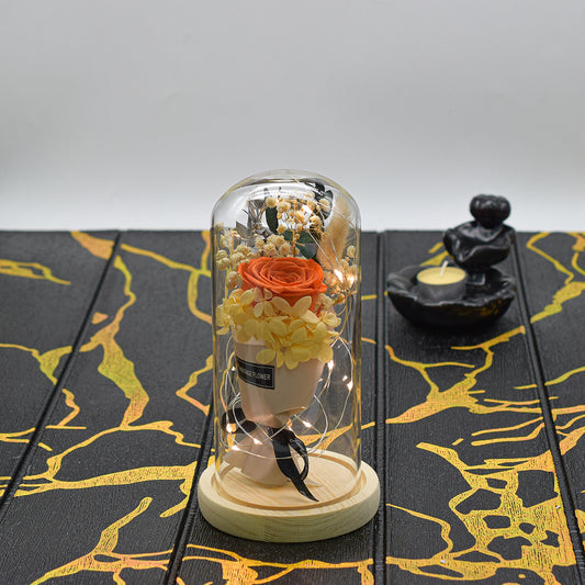 Aranjament floral in cupola de sticla, lumina Led, D4015, Portocaliu