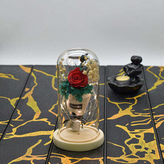 Aranjament floral in cupola de sticla, lumina Led, D4015, Rosu