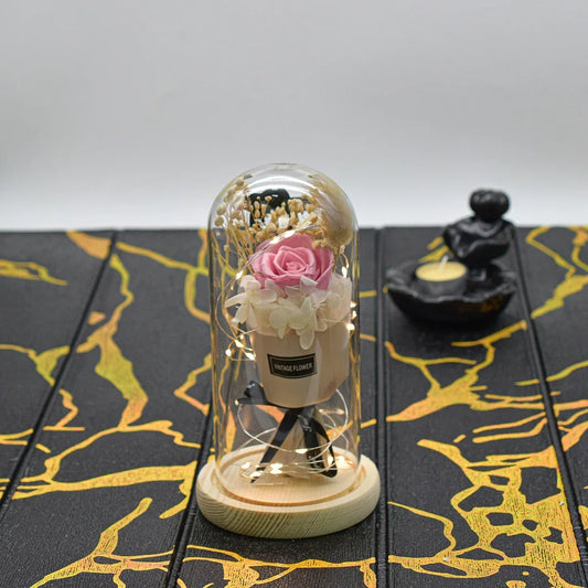 Aranjament floral in cupola de sticla, lumina Led, D4015, Roz - 221.ro