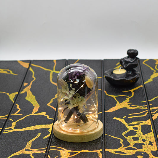 Aranjament floral in cupola de sticla, lumina Led, D4016, Negru