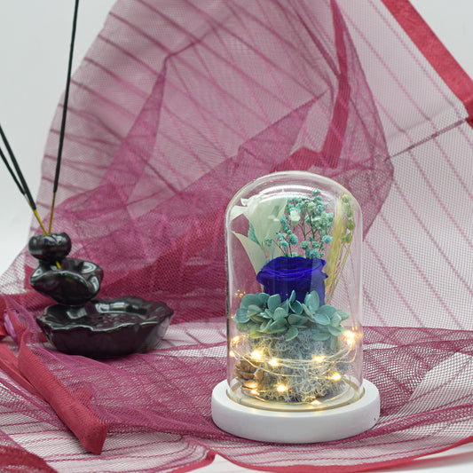 Aranjament floral in cupola de sticla, lumina Led, D4017, Albastru