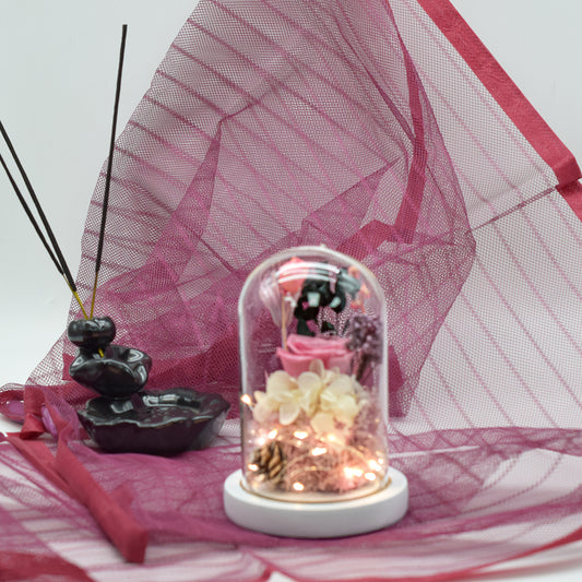 Aranjament floral in cupola de sticla, lumina Led, D4017, Roz