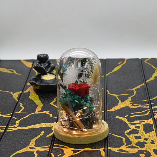 Aranjament floral in cupola de sticla, lumina Led, D4018, Rosu