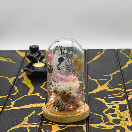 Aranjament floral in cupola de sticla, lumina Led, D4018, Roz