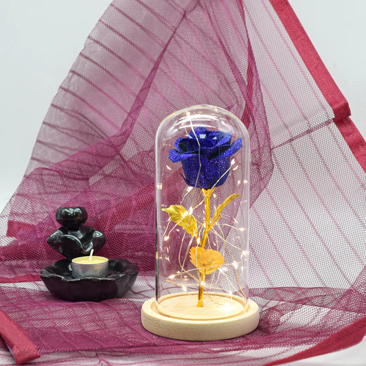 Aranjament floral in cupola de sticla, lumina Led, D4019, Albastru - 221.ro