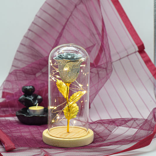 Aranjament floral in cupola de sticla, lumina Led, D4019, Argintiu