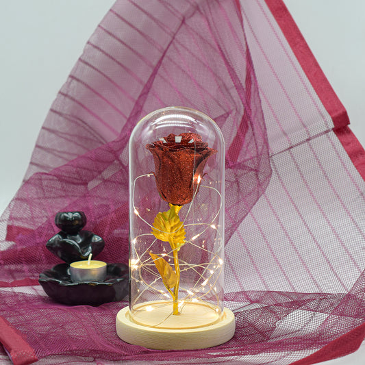 Aranjament floral in cupola de sticla, lumina Led, D4019, Rosu