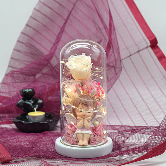 Aranjament floral in cupola de sticla, lumina Led, D4020, Roz