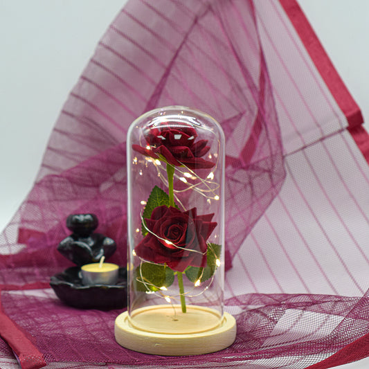 Aranjament floral in cupola de sticla, lumina Led, D4021, Rosu