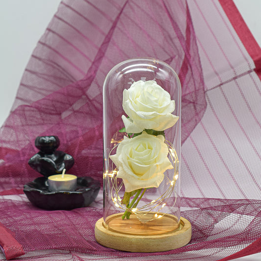 Aranjament floral in cupola de sticla, lumina Led, D4022, Alb