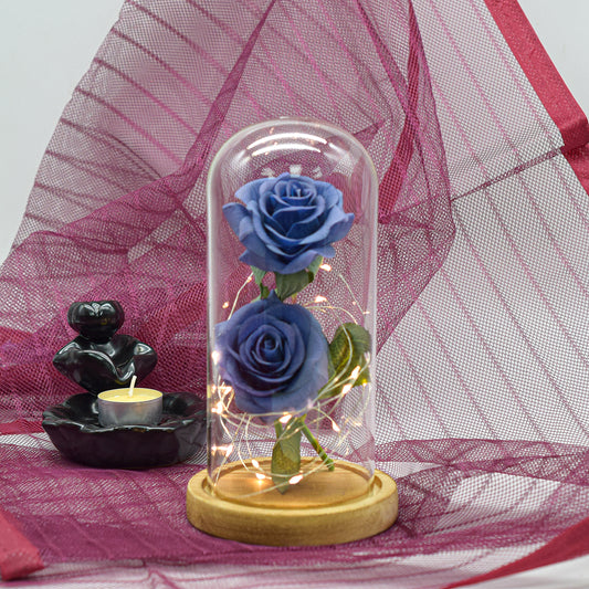 Aranjament floral in cupola de sticla, lumina Led, D4022, Albastru