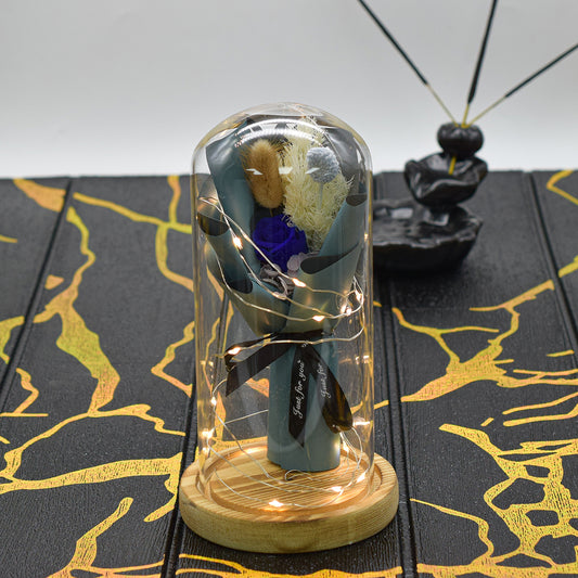 Aranjament floral in cupola de sticla, lumina Led, D4023, Albastru