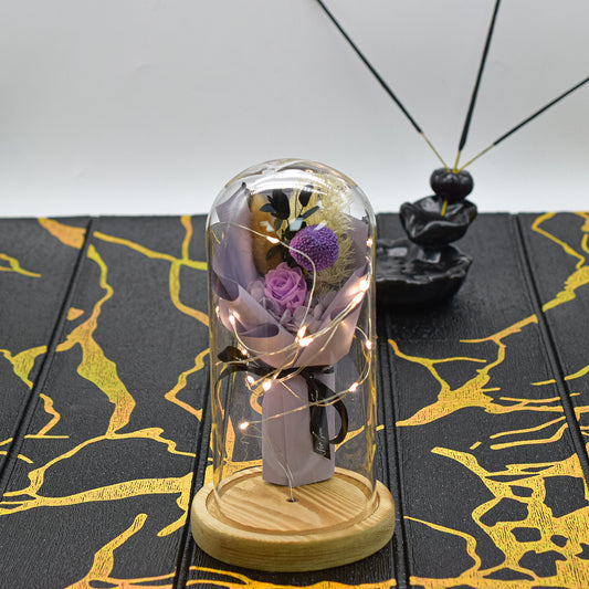 Aranjament floral in cupola de sticla, lumina Led, D4023, Mov