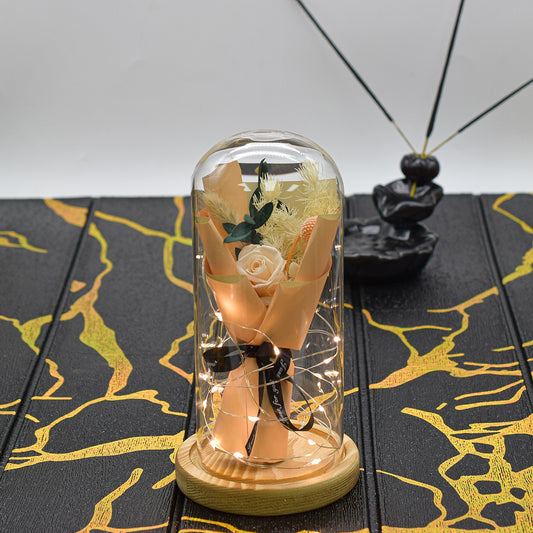 Aranjament floral in cupola de sticla, lumina Led, D4023, Portocaliu