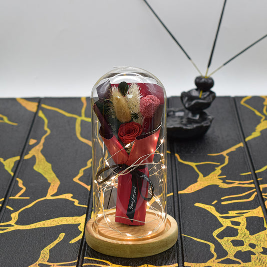 Aranjament floral in cupola de sticla, lumina Led, D4023, Rosu