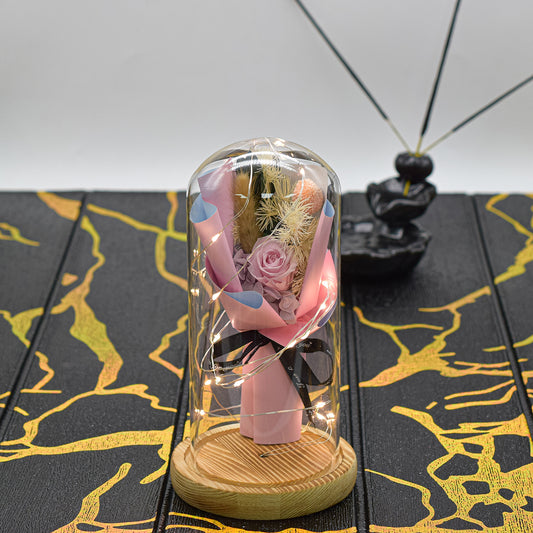 Aranjament floral in cupola de sticla, lumina Led, D4023, Roz