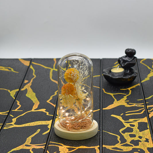 Aranjament floral in cupola de sticla, lumina Led, D4024, Portocaliu