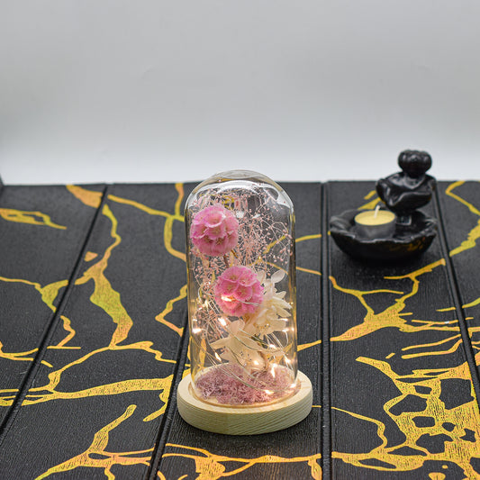 Aranjament floral in cupola de sticla, lumina Led, D4024, Roz