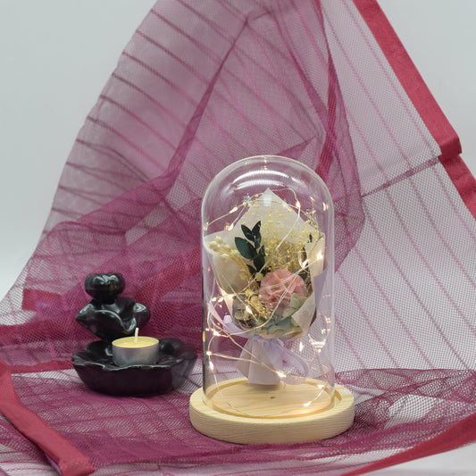 Aranjament floral in cupola de sticla, lumina Led, D4026, Roz