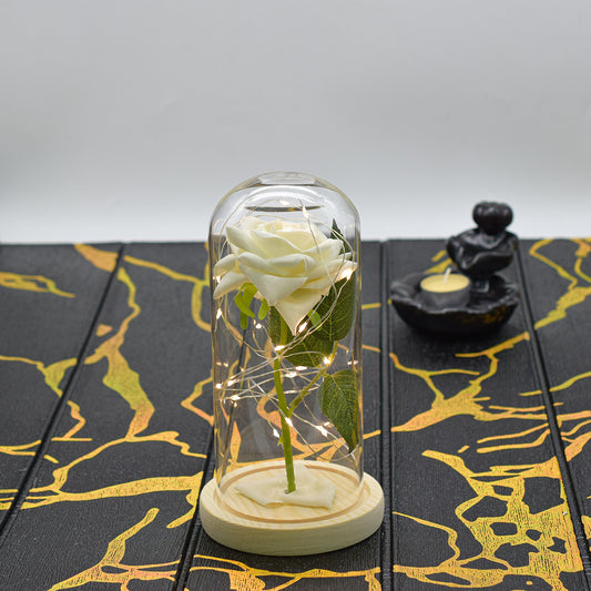 Aranjament floral in cupola de sticla, lumina Led, D4028, Alb