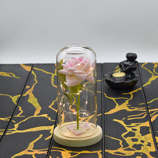 Aranjament floral in cupola de sticla, lumina Led, D4028, Roz pal