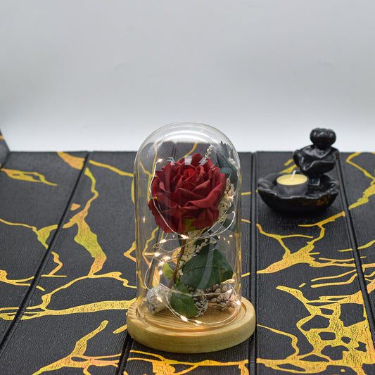 Aranjament floral in cupola de sticla, lumina Led, D4029, Rosu