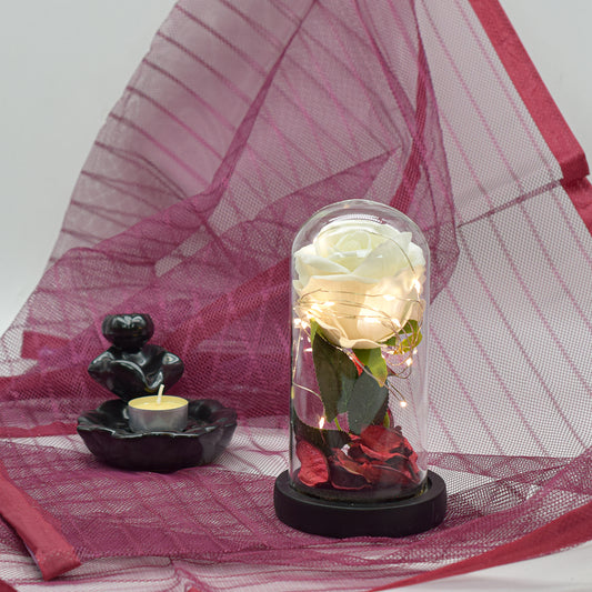 Aranjament floral in cupola de sticla, lumina Led, D4030, Alb