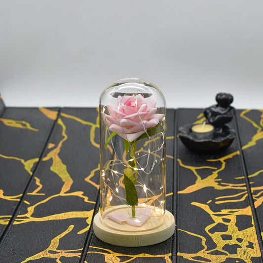 Aranjament floral in cupola de sticla, lumina Led, D4032, Roz pal - 221.ro