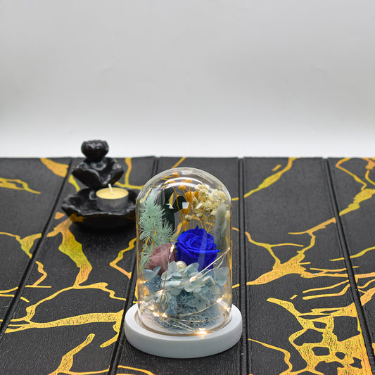 Aranjament floral in cupola de sticla, lumina Led, D4035, Albastru