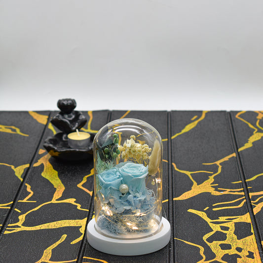 Aranjament floral in cupola de sticla, lumina Led, D4035, AlbastruDeschis