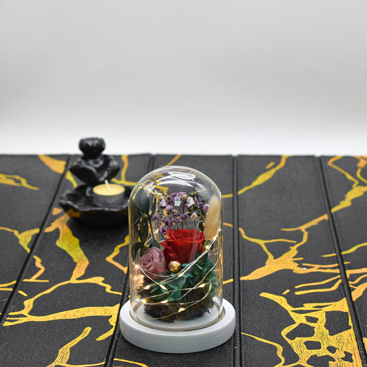 Aranjament floral in cupola de sticla, lumina Led, D4035, Rosu