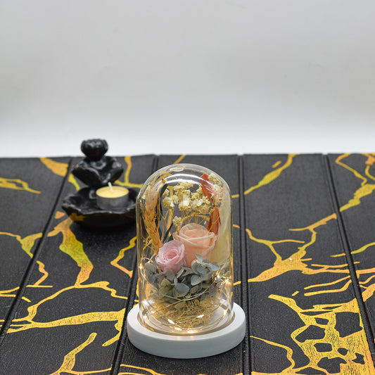 Aranjament floral in cupola de sticla, lumina Led, D4035, Roz