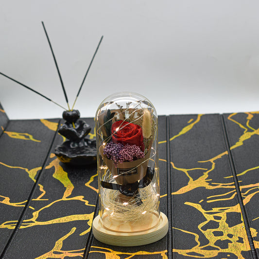 Aranjament floral in cupola de sticla, lumina Led, D4036, Rosu