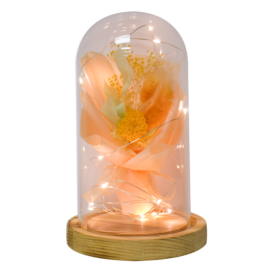 Aranjament floral in cupola de sticla, lumina Led, D4037, Portocaliu